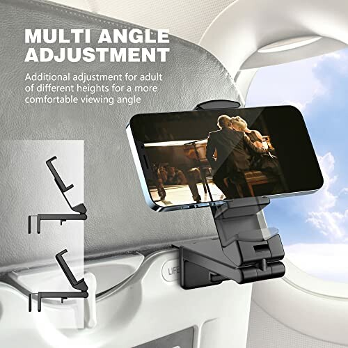 Airplane seat phone holder with adjustable angles for comfortable viewing.