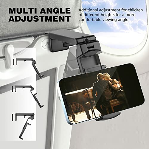 Airplane seat phone holder with multi-angle adjustment feature.