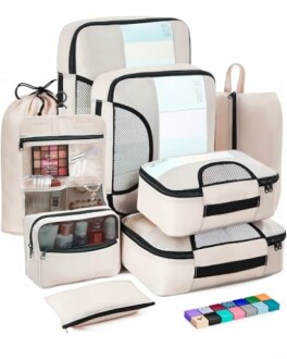 Set of beige packing cubes and bags with toiletries and cosmetics.