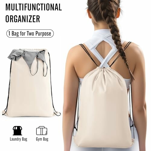 Woman with multifunctional drawstring bag for gym and laundry