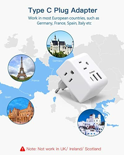 Type C plug adapter for European countries with map and landmarks.